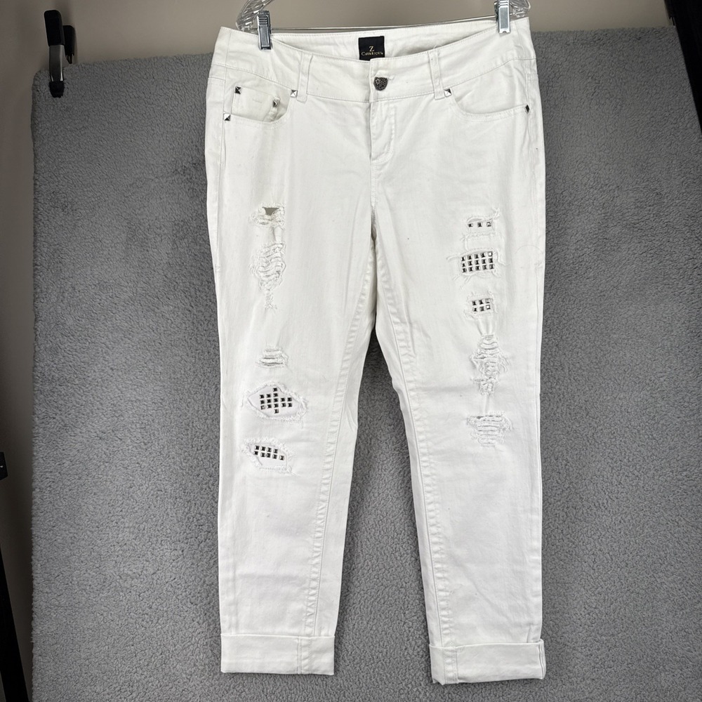 Z Cavaricci Jeans Women 14 White Distressed Studded Cuffed Denim Retro